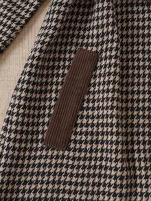 Tween Girls' Vintage Houndstooth Single-Breasted Mid-Length Coat With Belt And Contrast Collar, Elegant Casual British Style - Coffee Brown - View 5