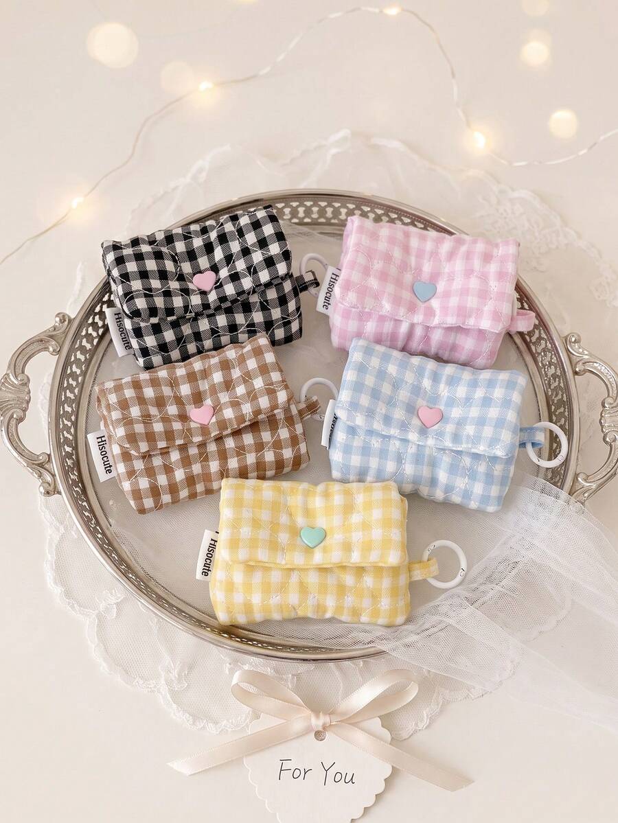 1pc Checkered Quilted Earbud Carrying Bag Multi-Use Small Fabric Pouch With Keychain Ring Girly Earphone Case Cute Mini Storage Bag For Tiny Items - Multicolor - View 1