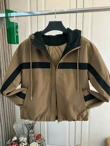 European & American Hot-Selling Women's Fashion Commuter Versatile Daily Casual Colorblock Pocket Hooded Short Jacket, Suitable For Spring, Autumn And Winter - Brown - View 6