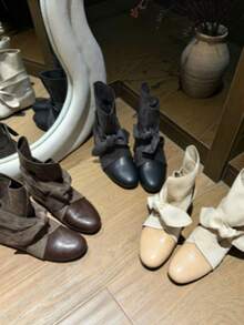 Women Round Toe Hidden Wedge Heel Ankle Boots Bow Knot Wrap Strap Slouch Short Boots For Women Height Increasing Coquette Boots Fall Winter Daily Wear - Beige - View 5