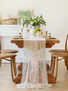 3Pcs Champagne Embroidery Floral Table Runner 27x120In Fall Dining Table Decor Embroidery Wildflower Design, Lightweight Sheer Gauze Fabric, 10FT, Perfect For Baby Shower Wedding Birthdays Party Decor - Small Flower - View 12