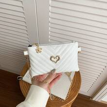 Girls Sweet Heart Metal Decor Shoulder Bag V-Quilted Mini Crossbody Bag Gold Chain Coin Purse Kids Outing Accessory Bag - A - View 9