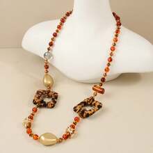 1pc Vintage Boho Long Beaded Necklace For Women, Leopard Print Geometric Pendant, Brown Amber Beads, Statement Sweater Chain, Fall Outfit Jewelry - Multicolor - View 5
