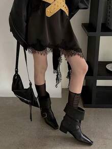 2025新款秋季女款厚底增高街頭風騎士長靴 中筒靴 棕色復古短靴 - 黑色 - 查看 7