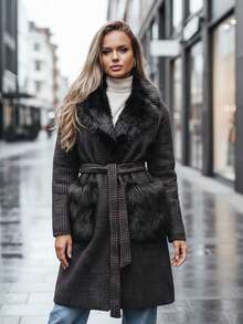 Women's Knee-Length Coat With Faux Fur Collar, Belted Waist, Button Front And Fur-Trim Pockets - Black - View 4