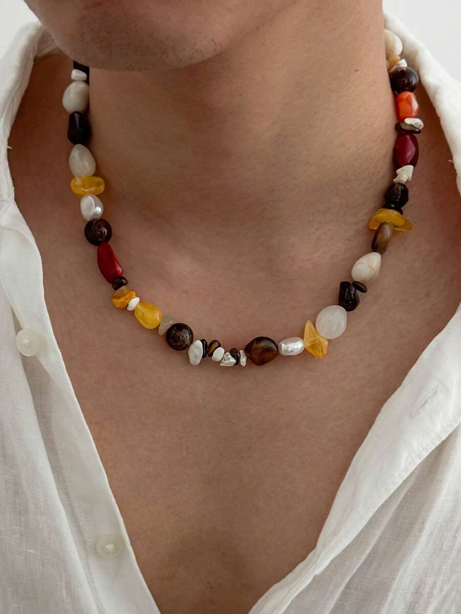 1pc Bohemian Style Multicolor Natural Stone Necklace, Warm Tone Amber Jade Asymmetrical Bead Design, Casual Everyday Versatile Long Necklace For Couples