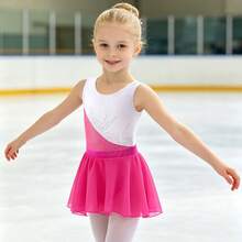 Girls Sleeveless Leotard And Skirt 2 Pieces Set, Gymnastics Ballet Outfit - Red and White - View 1