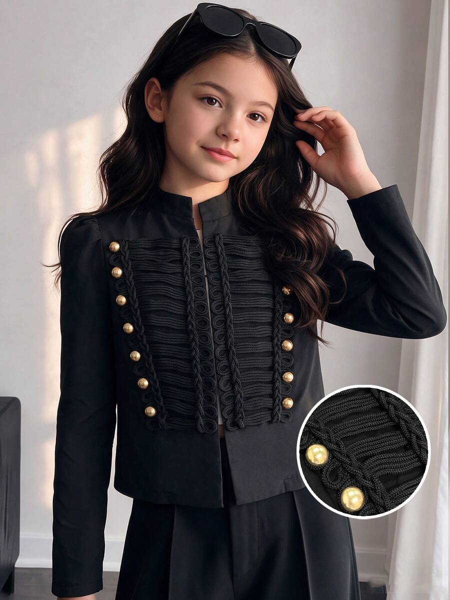 Teen Girls Winter Black Military Style Frog Button Vintage Design Short Jacket Fashion Streetwear Casual Versatile Outerwear - Black - View 1