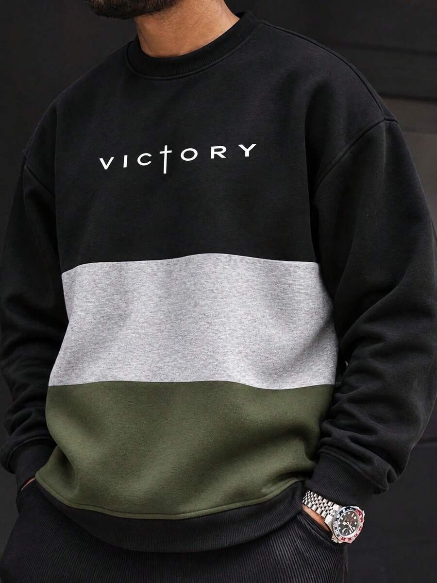 男士拼接圓領運動衫 VICTORY 字母印花拼色橫條紋寬鬆休閒套頭上衣 - 黑色 - 查看 1
