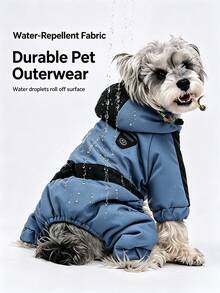 Fashionable Blue & Black Hooded Dog Snowsuit, Comfortable Lining One-Piece Outfit, Suitable For Small Dogs, With Leash Hole Design, Winter Walking & Outdoor Activity Pet Coat - Blue - View 4
