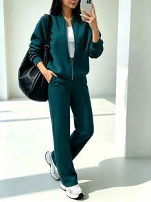 2pcs Casual Solid Color Sweatshirt Jacket Top And Straight Leg Pants Set, Soft Fleece Fabric, Suitable For Spring, Autumn And Winter Elegant Summer - Dark Green - View 2