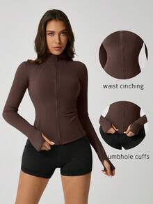 1pc Women's Fishbone Line Black Sports Jacket, Elastic Fitted Yoga Coat - Coffee Brown - View 1