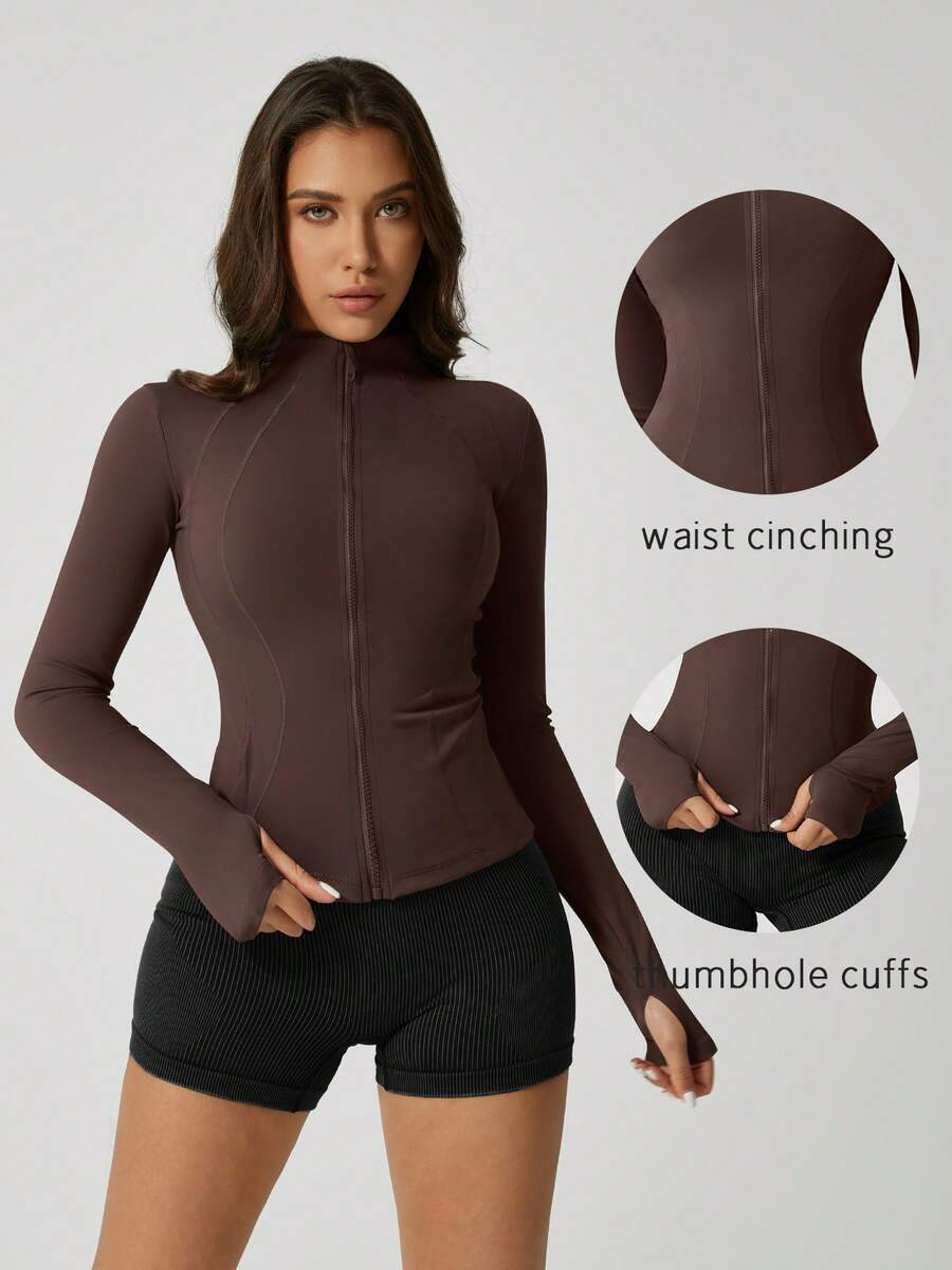 1pc Women's Fishbone Line Black Sports Jacket, Elastic Fitted Yoga Coat - Coffee Brown - View 1