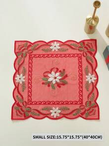 1pc 100% Polyester Red Sheer Embroidery Christmas Table Runner, Bell & Poinsettia Pattern Tassel Table Scarf, Holiday Dining Table Decor For Xmas Party Home Decoration - Red - View 9