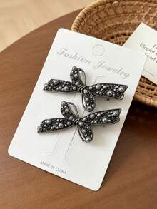 2pcs Gun Gray Bow Pearl Rhinestone Duck Bill Hair Clips For Women, Luxury Wedding Banquet Hair Accessories - Multicolor - View 4