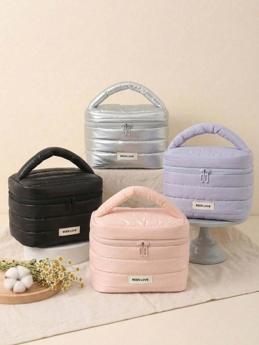 1pc/Set Quilted Soft Ballet Core Multi-Functional Travel Makeup Bag, Large Capacity Cosmetic Bag, Solid Color Minimalist Style, 4 Colors Available, Fashionable Portable Makeup Pouch Skincare Bag