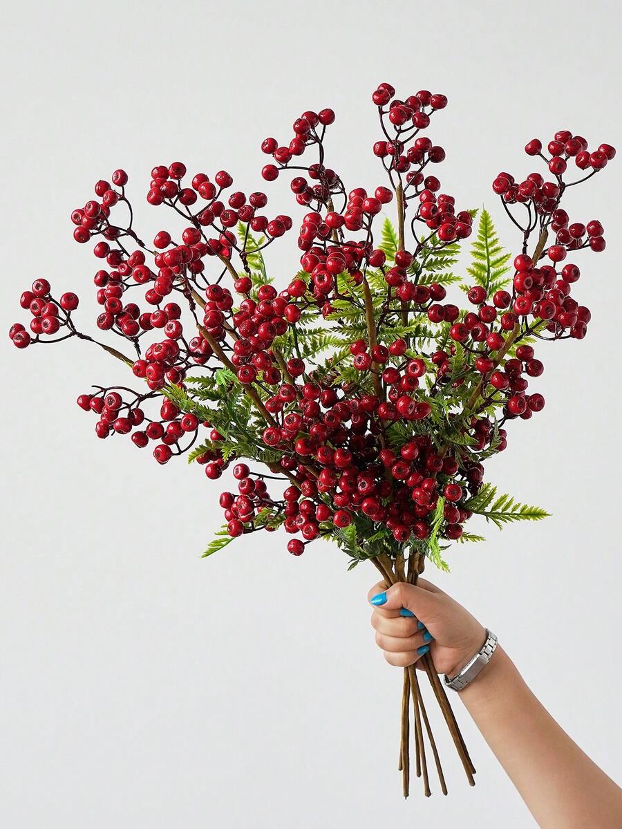 1pc Artificial Plants Long Stem Berry Branches Red Berry Stems Picks Christmas Tree Decorations Home Party Decor Table Centerpieces - Red - View 1