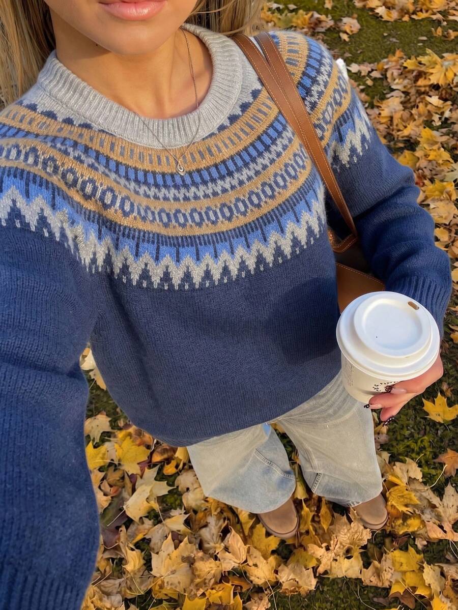 Western Boho Fair Isle Geometric Print Casual Sweater For Women, Autumn Outfit, Vacation Wear