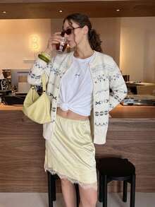 Geometric Pattern Sweater Cardigan, Button Front, Long Sleeve, Soft Knit, Regular Fit, Ivory, Elegant Fall Layering Top For Casual Winter Wear - Apricot - View 3