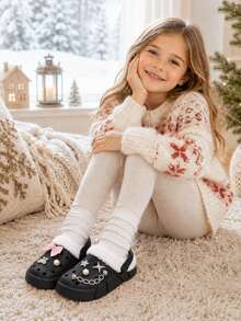 HOEASE Girls' Winter Plush Lined Garden Clogs, EVA Indoor Slippers, Slip-On Design, Comfortable Fabric Material, Ideal Gift For Halloween And Christmas - Black - View 7