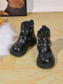 Girls' Autumn/Winter Rivet Buckle Ankle Boots With Side Zipper, Thick Sole, Anti-Slip, Casual Boots For Toddlers - Black - View 3