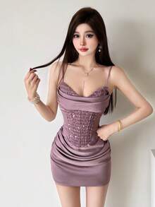 Top Dazzle Elegant Women's Sleeveless Cami Dress With Corset Bust And Ruched Bodycon Short Design, Perfect For A Sexy Evening Look - Purple - View 2