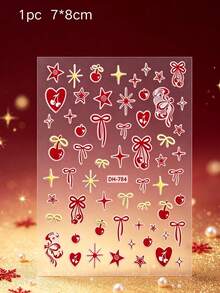 1pc/2pcs Christmas Winter New Embossed Nail Stickers, Red & Gold Cherry Heart Bow Star Nail Art Decals - Multicolor - View 3