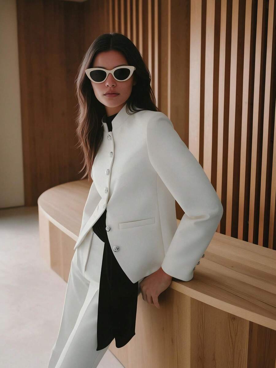 Minimalist Fashion Women's New Autumn/Winter Long Sleeve Casual Blazer Jacket, White Stand Collar Single-Breasted Multi-Button Front Asymmetrical Hem Everyday Coat - White - View 1
