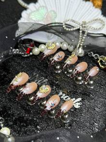 10pcs/Set Handmade Dragon ClawCat Paw Animal Claw Press On Nails, Camel&Brown French 3 D Flower Inlaid Rhinestone Fall&Winter Fake Nails,Reusable,Suitable For Party,Dance,Daily Wear,With Jelly Glue And Nail File,Vintage Y2K Manicure For Women Girls - Camel - View 2