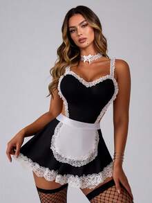 2pcs/Set Women's Sexy Maid Lingerie Costume, Includes Dress And Apron - Black - View 1