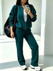 2pcs Casual Solid Color Sweatshirt Jacket Top And Straight Leg Pants Set, Soft Fleece Fabric, Suitable For Spring, Autumn And Winter Elegant Summer - Dark Green - View 5
