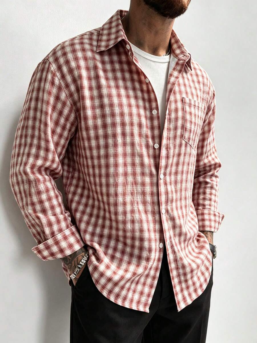 GloMan Men's Red Plaid Button-Up Long Sleeve Shirt With Chest Pocket, Warm For Autumn, Suitable For Office Commute, Family Gathering, Business, Party, Gift For Husband/Father - Red - View 1
