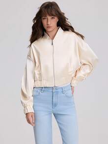 Women's Solid Color Long Sleeve Silk-Texture Bomber Jacket - Beige - View 5