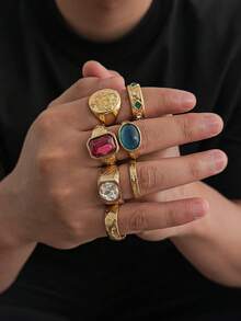7pcs Vintage Distressed Gold Color Gemstone Ring Set, Embossed Floral Pattern Gemstone Rings, Hip-Hop Personalized Accessories - Gold - View 9