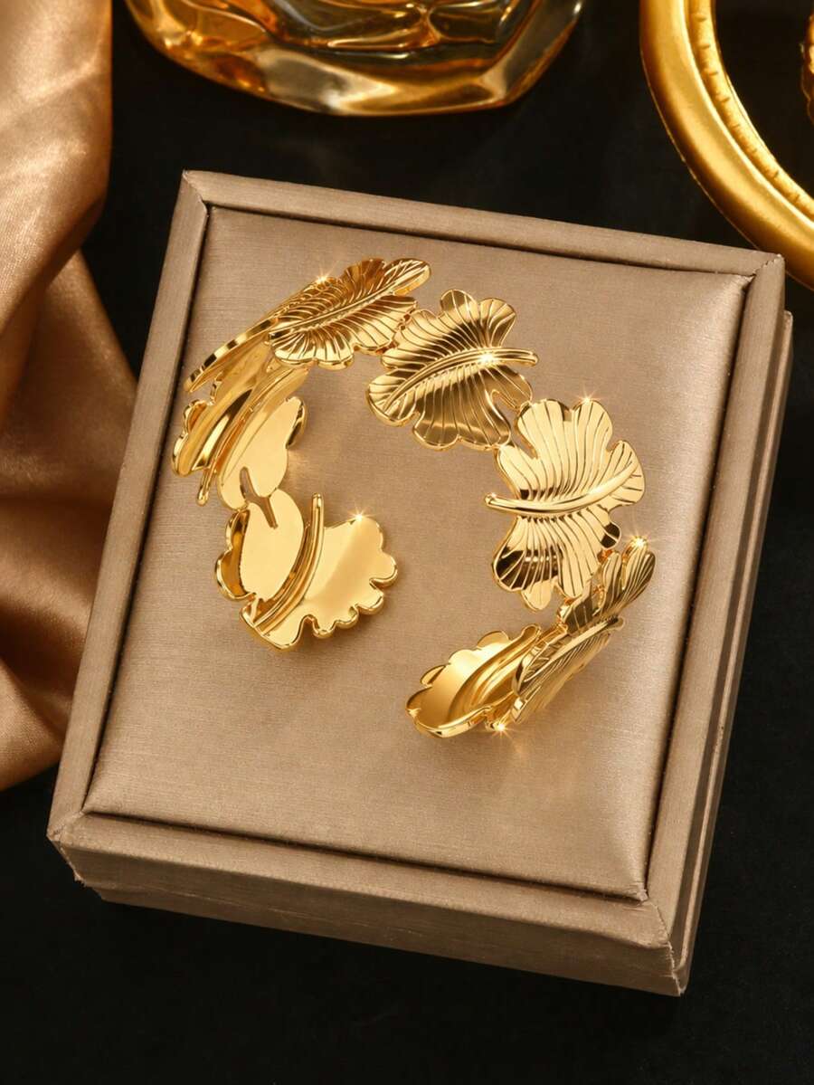 VceTd 1件裝時尚誇張不對稱葉片造型不鏽鋼開口手鐲,適合女性日常配戴或度假使用 - 金黃色 - 查看 1
