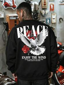 DOPE | American Street Style Oversized Back Graphic Sweatshirt For Men, PEACE Dove Red Rose Letter Loose Fit Crew Neck Pullover - Black - View 2