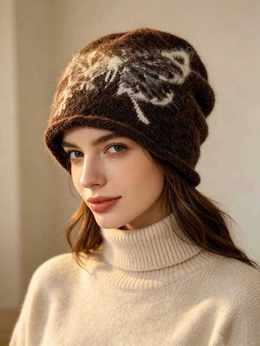 Topi Beanie Berkerut Motif Kupu-kupu Maillard Vintage untuk Wanita, Topi Rajut Hangat Lingkar Kepala Besar Musim Gugur/Dingin, Beanie Longgar yang Membuat Wajah Terlihat Lebih Ramping - MultiWarna - View 1
