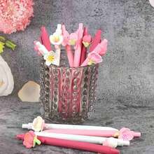 Cute Floral Gel Pen Set For Women, Pink Flower Ballpoint Pens, Kawaii Aesthetic Decorative Black Ink Pens, Fun Stationery Desk Accessories - A - View 7