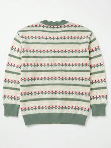 Women's Plus Size Vintage Floral Stripe Cardigan, Long Sleeve V-Neck Knit Sweater, Autumn Winter Office Commute Slimming Tops - Multicolor - View 5