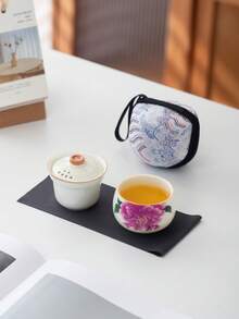 WEN ZHE 牡丹花紋陶瓷便攜旅行茶杯 150ml 單人茶具組,附濾網蓋與收納袋 - 彩色 - 查看 7