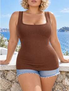 Women's Solid Color Ribbed Square Neck Wide Strap Tank Top, Slim Fit Basic Sleeveless Casual Top - Coffee Brown - View 3