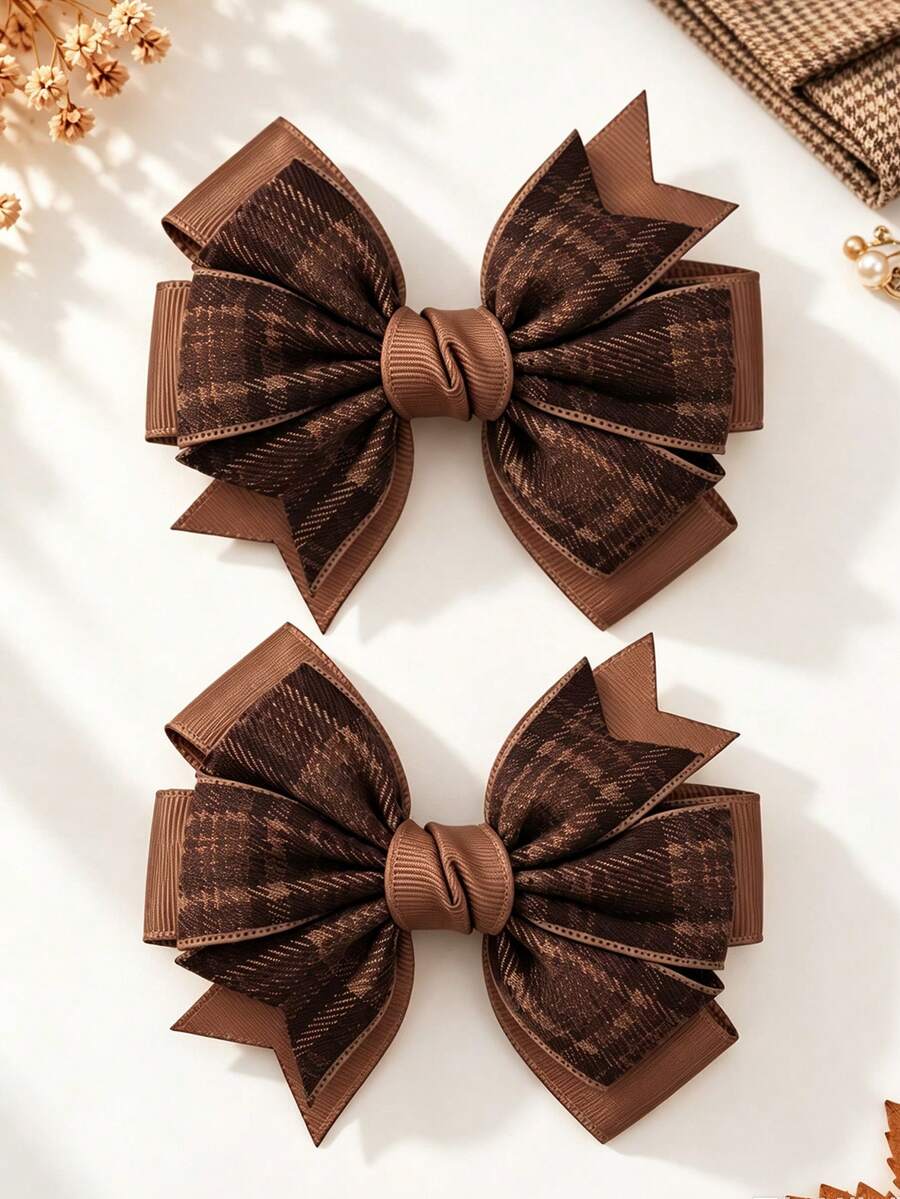 2pcs Multicolor Hair Bow Clips,Fabric Plaid Hair Bows For Girls,Fashion Hair Accessories For Toddlers Party Gift,Autumn Winter Daily Wear - Brown - View 1