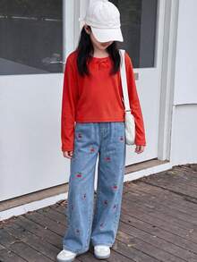 Tween Girls Textured Striped Bow Casual Top With Cute Cherry Embroidered Straight Leg Denim Jeans, Comfortable Autumn/Winter Outfit - Multicolor - View 9
