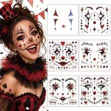 3/2/1pc Random Style Realistic Clown Face Tattoo Stickers, Long-Lasting All-Night Halloween Party Makeup, Non-Smudging Face Stickers - Multicolor - View 7