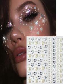 2/1pc Heart Pearl Face Gems Stickers, AB Colorful Rhinestone Pearl Chain Self‑Adhesive Face Jewels Crystals Stick On For Festival Rave Party Halloween Cosplay Makeup Decor - Multicolor - View 4