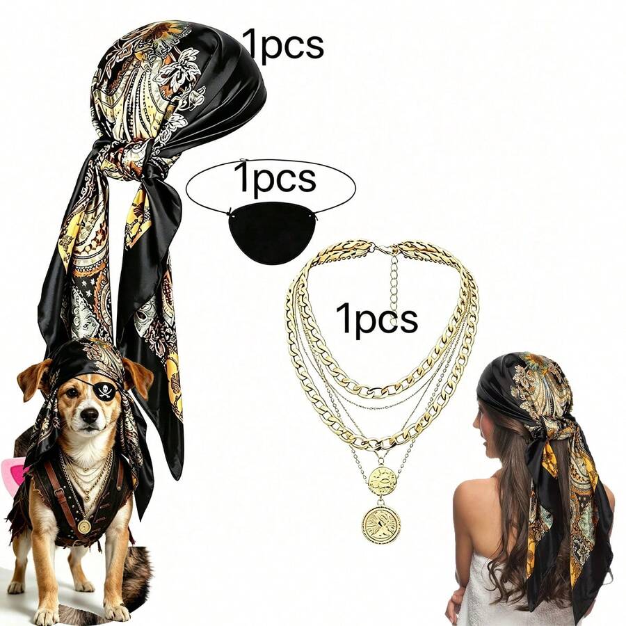 3pcs Pet Pirate Costume Accessories, Skull Eye Patch, Red Printed Bandana, Layered Gold Chain Necklace, Halloween Cosplay Photo Props, Suitable For Dogs And Cats - Multicolor - View 1