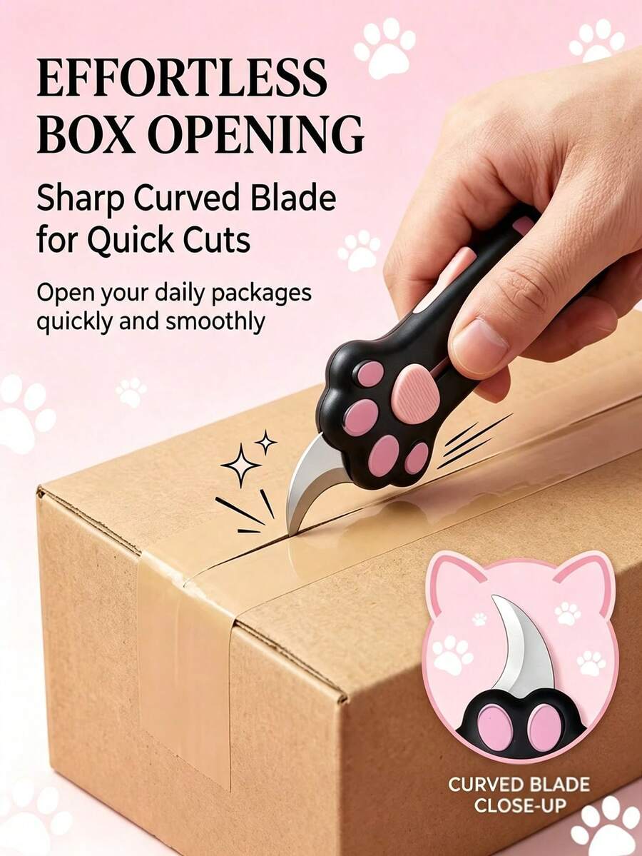 Multifunctional Pocket Knife And Bag, Cute Cat Paw Retractable Curved Blade Non-Slip Handle Mini Portable Box Opener With Lanyard Hole, Home Daily Express Package Craft Cutting Portable Tool, Suitable For Students, Office Workers, Cute Gift Lovers, Teacher Gift, Back To School Season. - Multicolor - View 1
