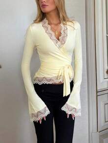 Autumn/Winter New Women's Fashion Elegant Versatile Solid Color Lace Patchwork V-Neck Long Sleeve Casual Top - Light Yellow - View 2
