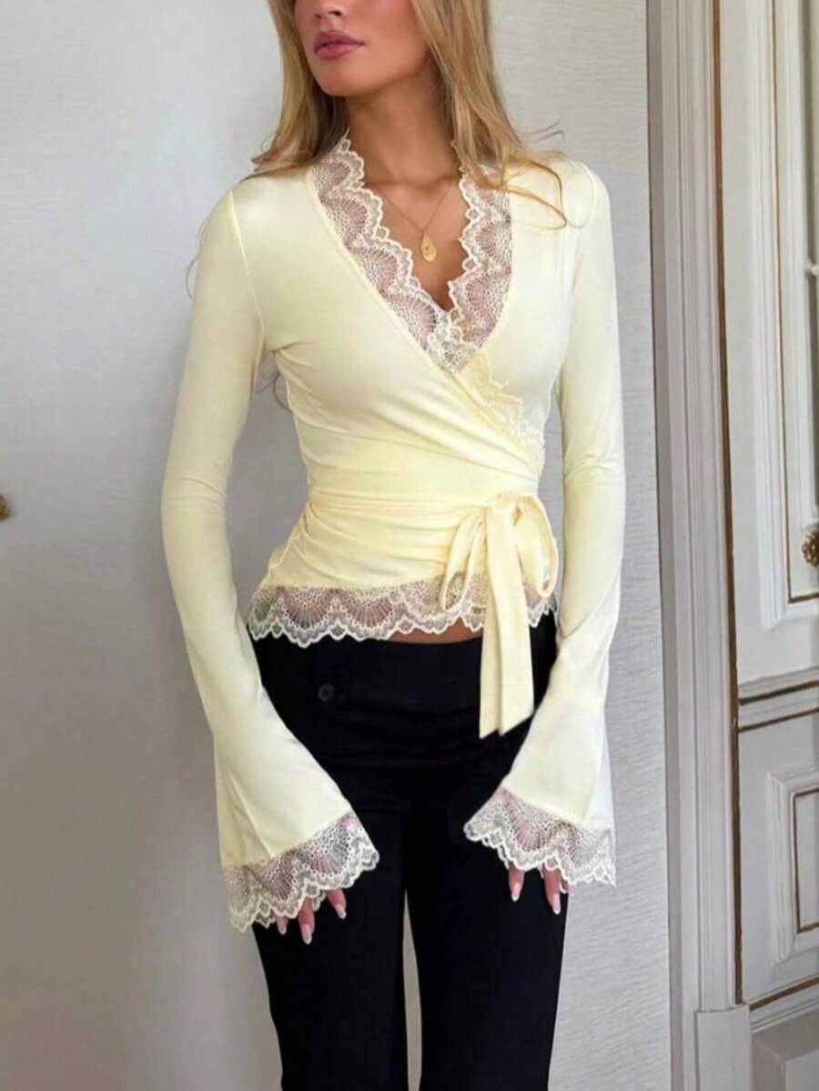 Autumn/Winter New Women's Fashion Elegant Versatile Solid Color Lace Patchwork V-Neck Long Sleeve Casual Top