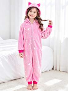Tween Girl Cat Ear & Star Pattern Long Sleeve Zip-Up Hooded Loungewear Jumpsuit - Multicolor - View 4